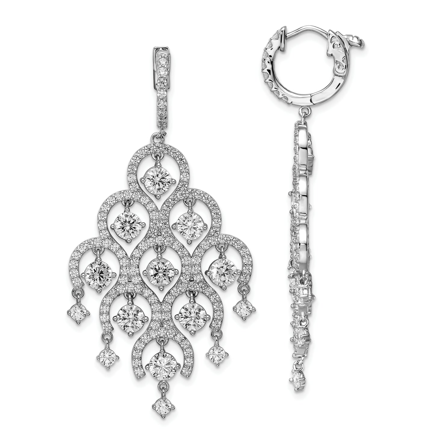 Sterling Silver Shimmer Rhodium-Plated 278 Stone Cz Chandelier Dangle Hinged Earrings