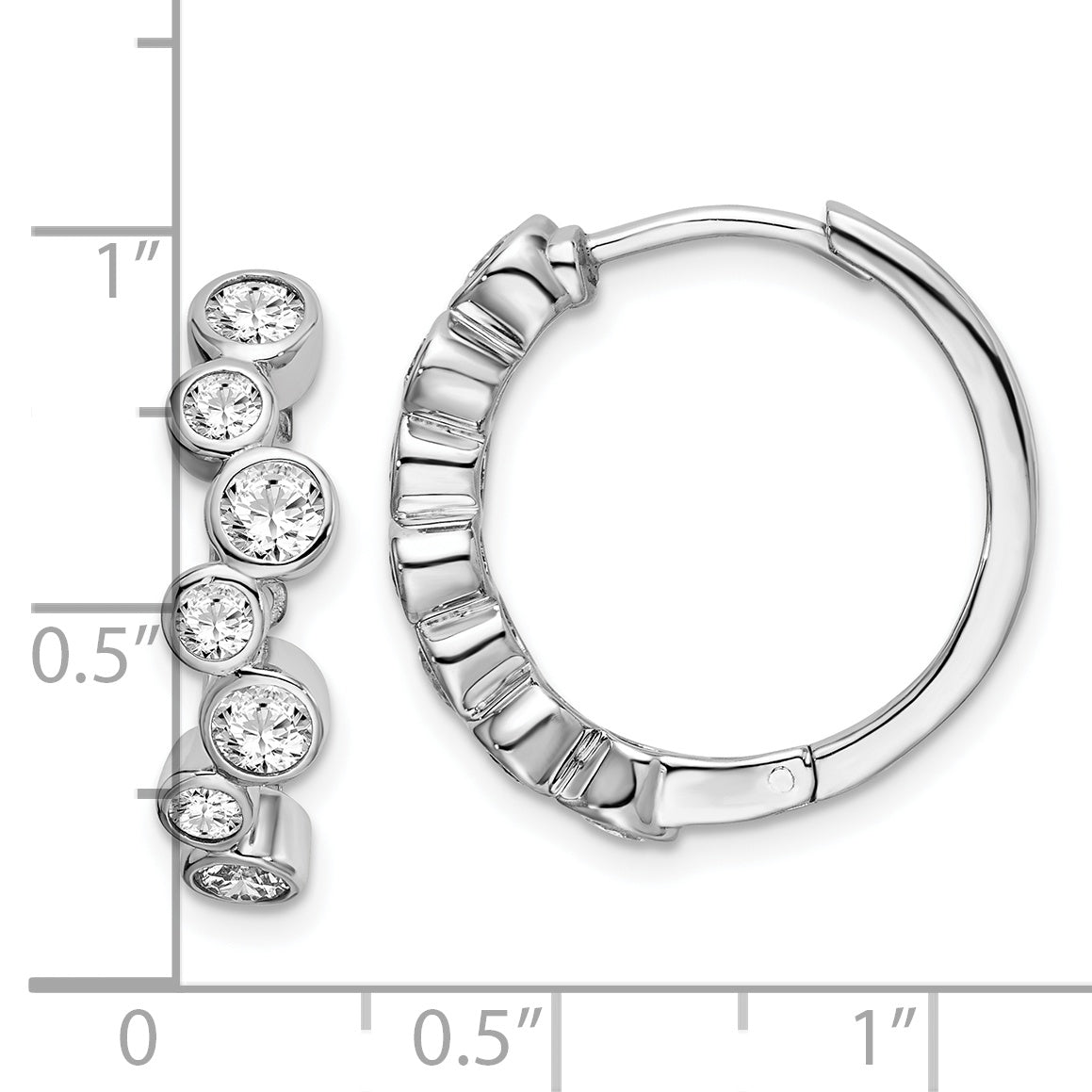 Sterling Silver Shimmer Rhodium-Plated 14 Stone Cz Bevel Set Hinged Hoop Earrings