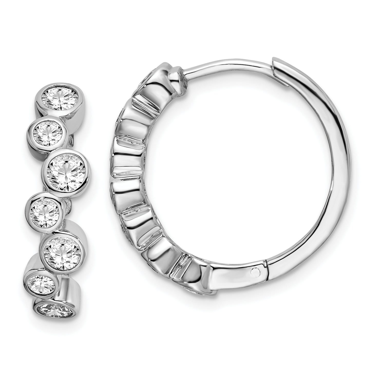 Sterling Silver Shimmer Rhodium-Plated 14 Stone Cz Bevel Set Hinged Hoop Earrings