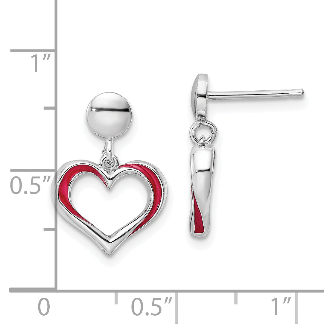 Sterling Silver Rhodium-Plated Red Enamel Open Heart Dangle Earrings