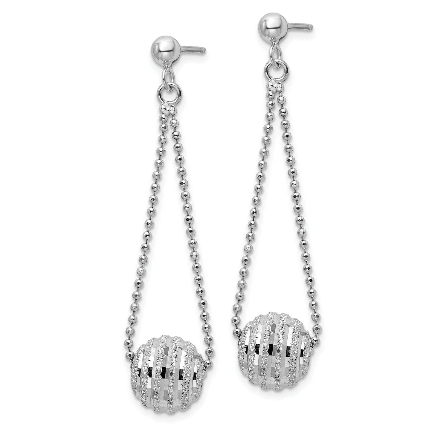 Sterling Silver Rhodium-Plated Lasered Bead Chain Dangle Post Earrings