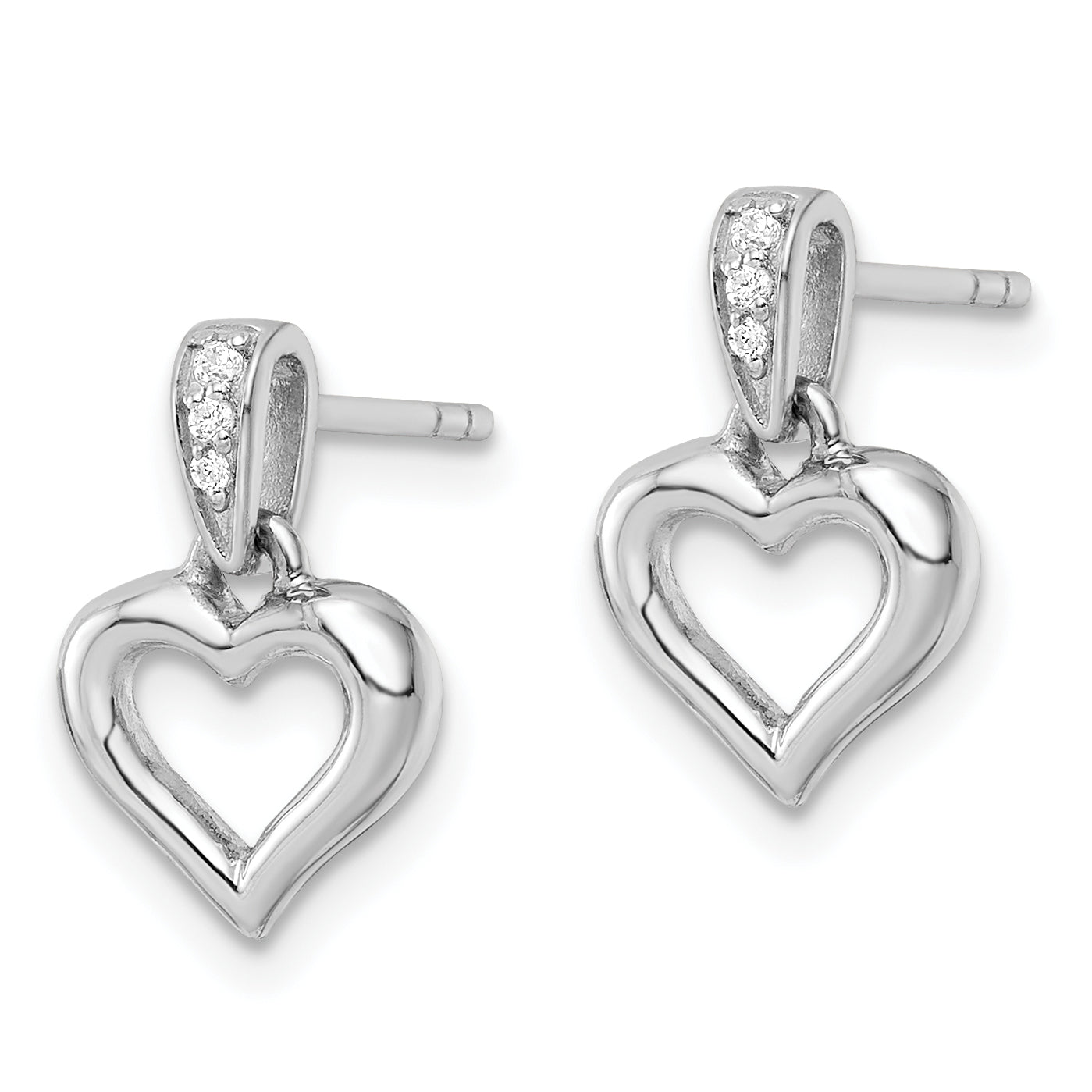 Sterling Silver Rh Polished Cz Heart Post Dangle Earrings