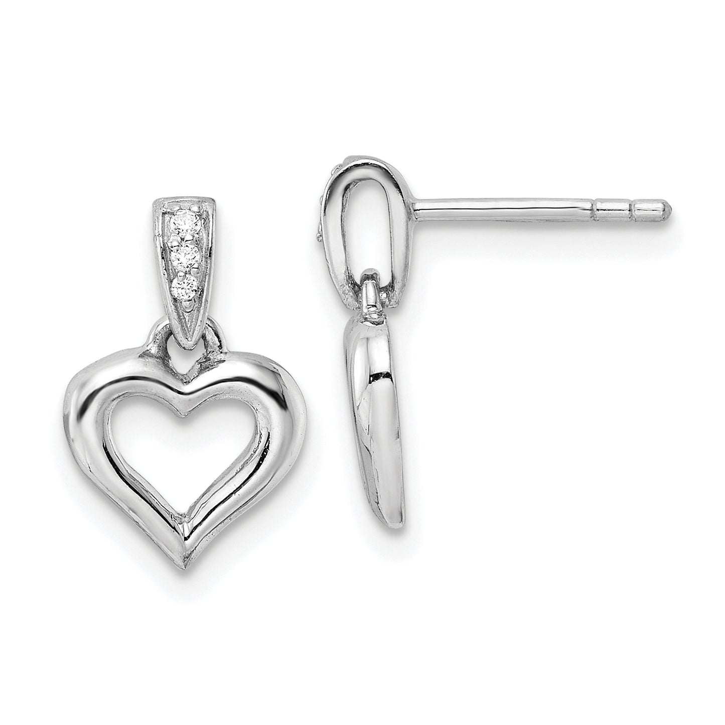 Sterling Silver Rh Polished Cz Heart Post Dangle Earrings