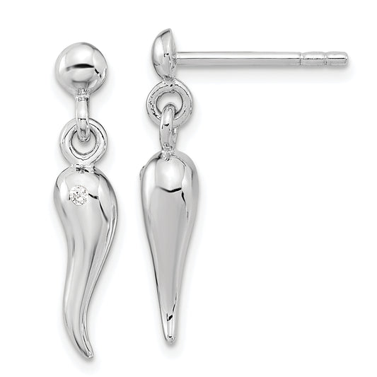 Sterling Silver Rh-Plated Polish Cz Italian Horn Dangle Post Earrings