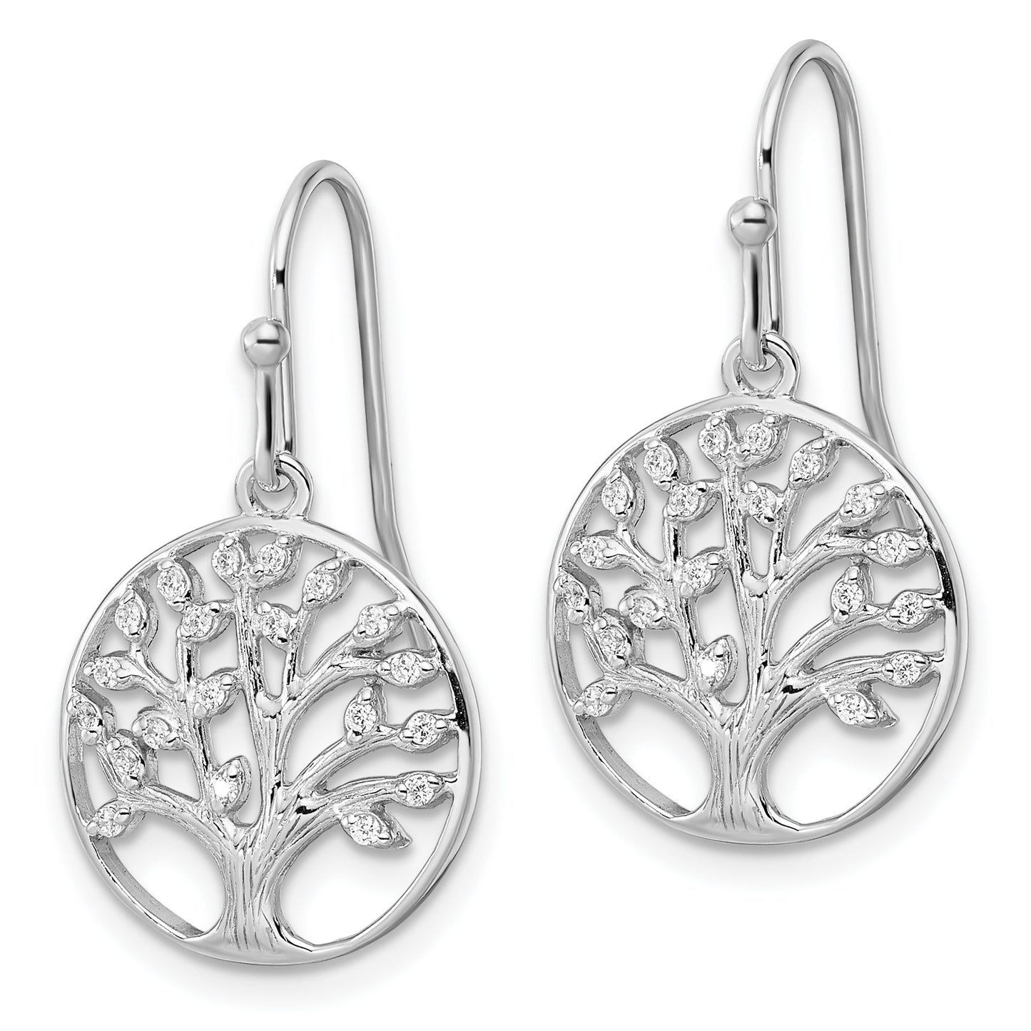 Sterling Silver Rhodium-Plated Dangle Polished Cz Tree Of Life Earrings