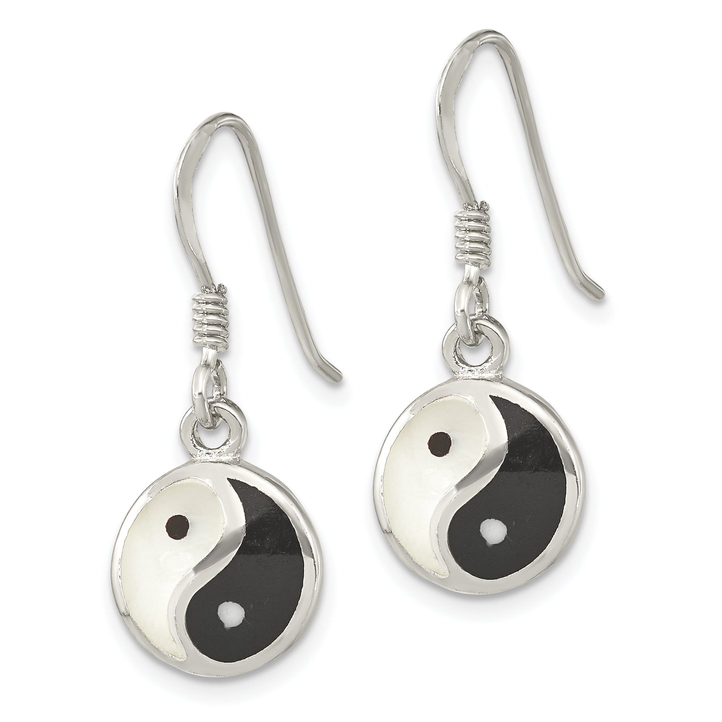 Sterling Silver Rhod-Pltd Mop/Black Resin Yin Yang Dangle Earrings