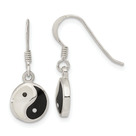 Sterling Silver Rhod-Pltd Mop/Black Resin Yin Yang Dangle Earrings