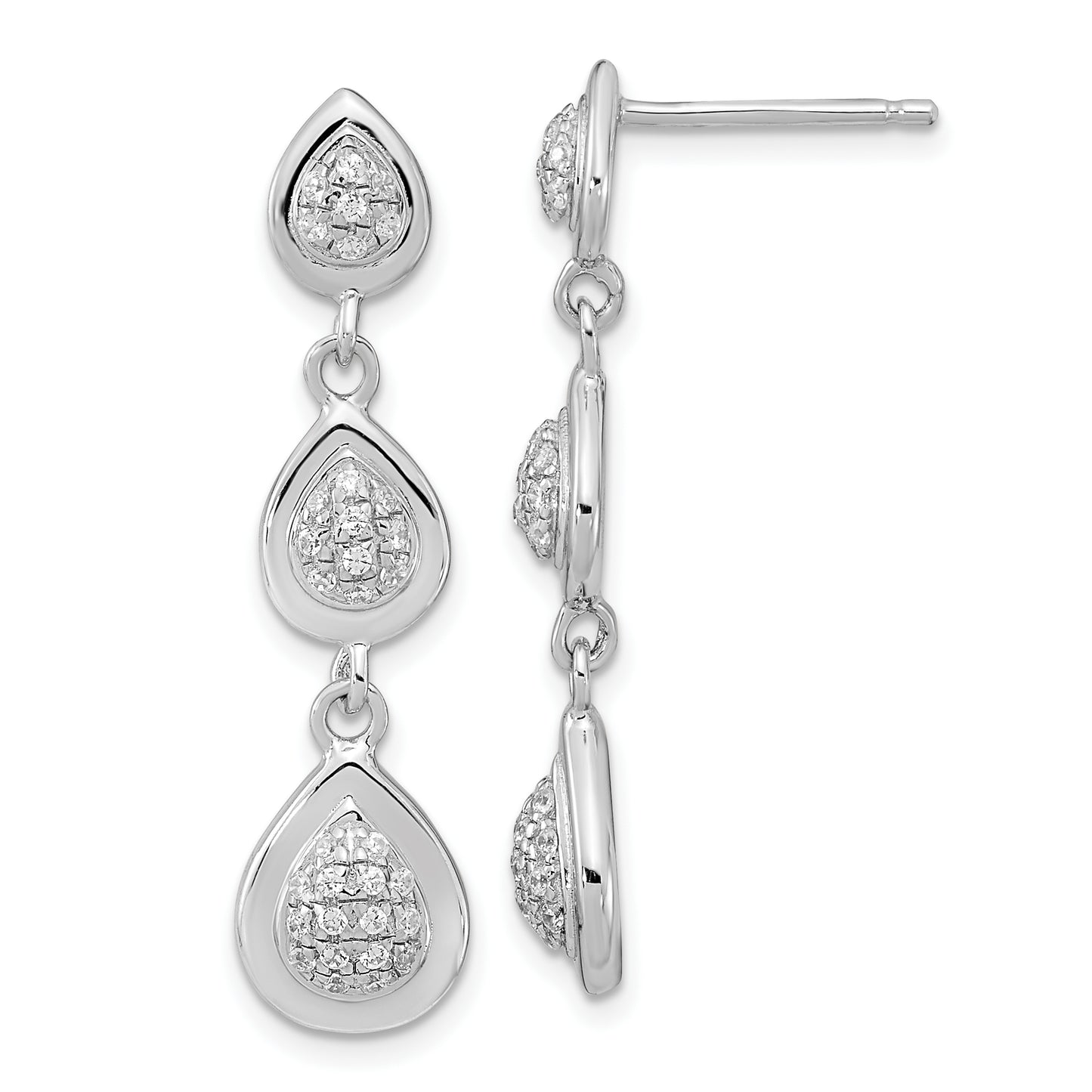 Sterling Silver Rhodium-Plated Cz Teardrop Post Dangle Earrings