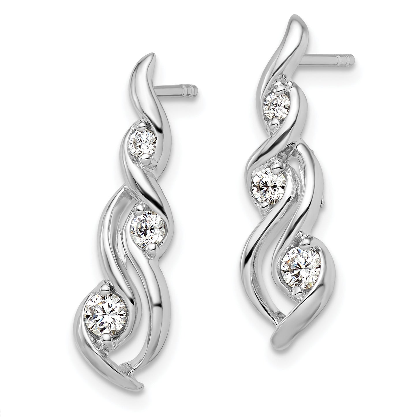 Sterling Silver Rhodium-Plated Twist Cz Post Dangle Earrings