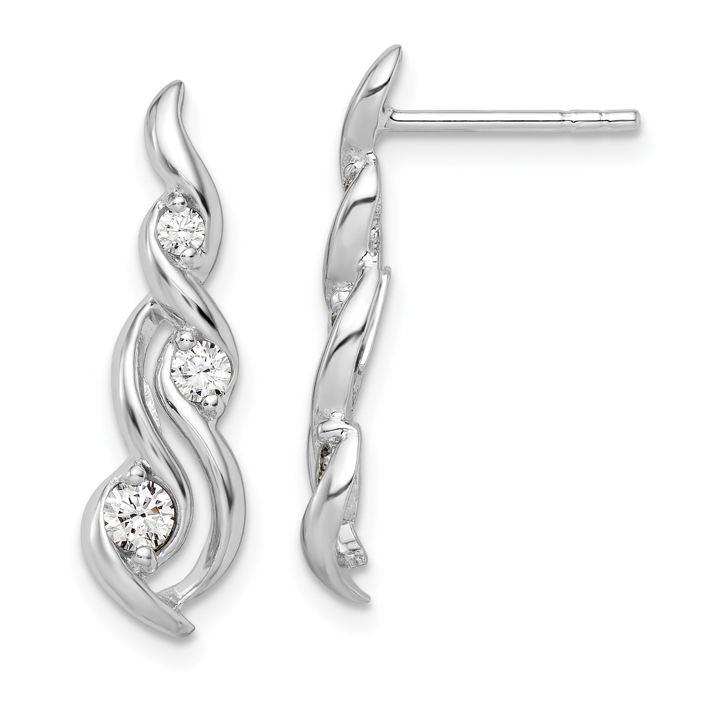 Sterling Silver Rhodium-Plated Twist Cz Post Dangle Earrings