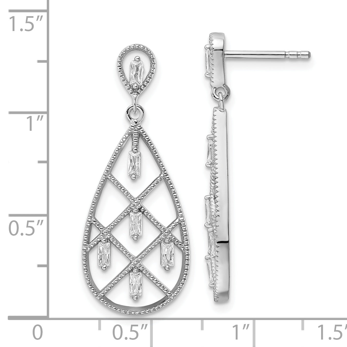 Sterling Silver Rhodium-Plated Baguette Cz Teardrop Post Earrings