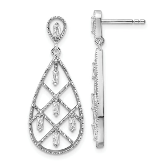 Sterling Silver Rhodium-Plated Baguette Cz Teardrop Post Earrings