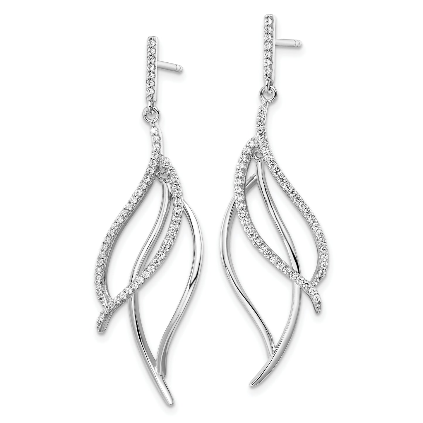 Sterling Silver Rhodium-Plated Cz Dangle Leaf Earrings