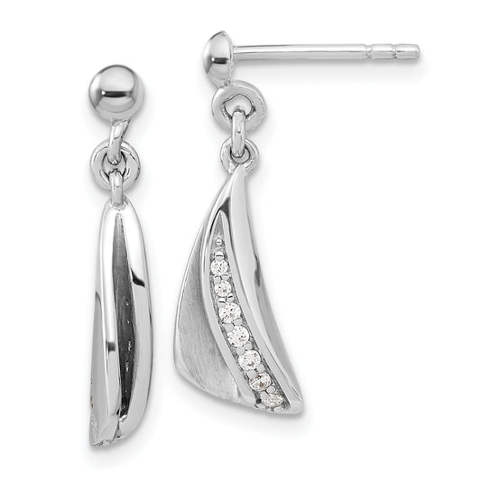 Sterling Silver Rh-Plated Brushed & Polished Cz Dangle Post Earrings