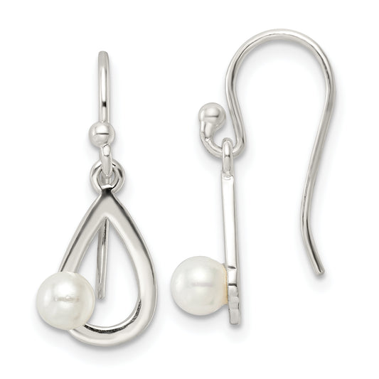 Sterling Silver Polished Teardrop W/ Imitation Pearl Shepherd Hook Earrings