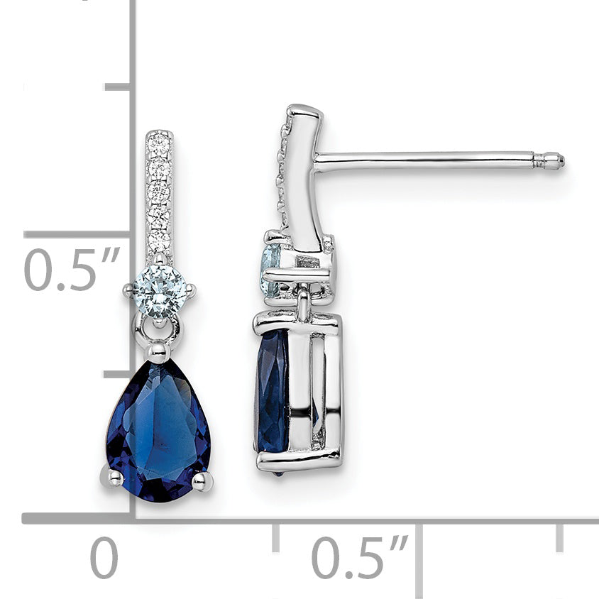 Sterling Silver Rhodium-Plated Cz And Blue Glass Post Dangle Earrings