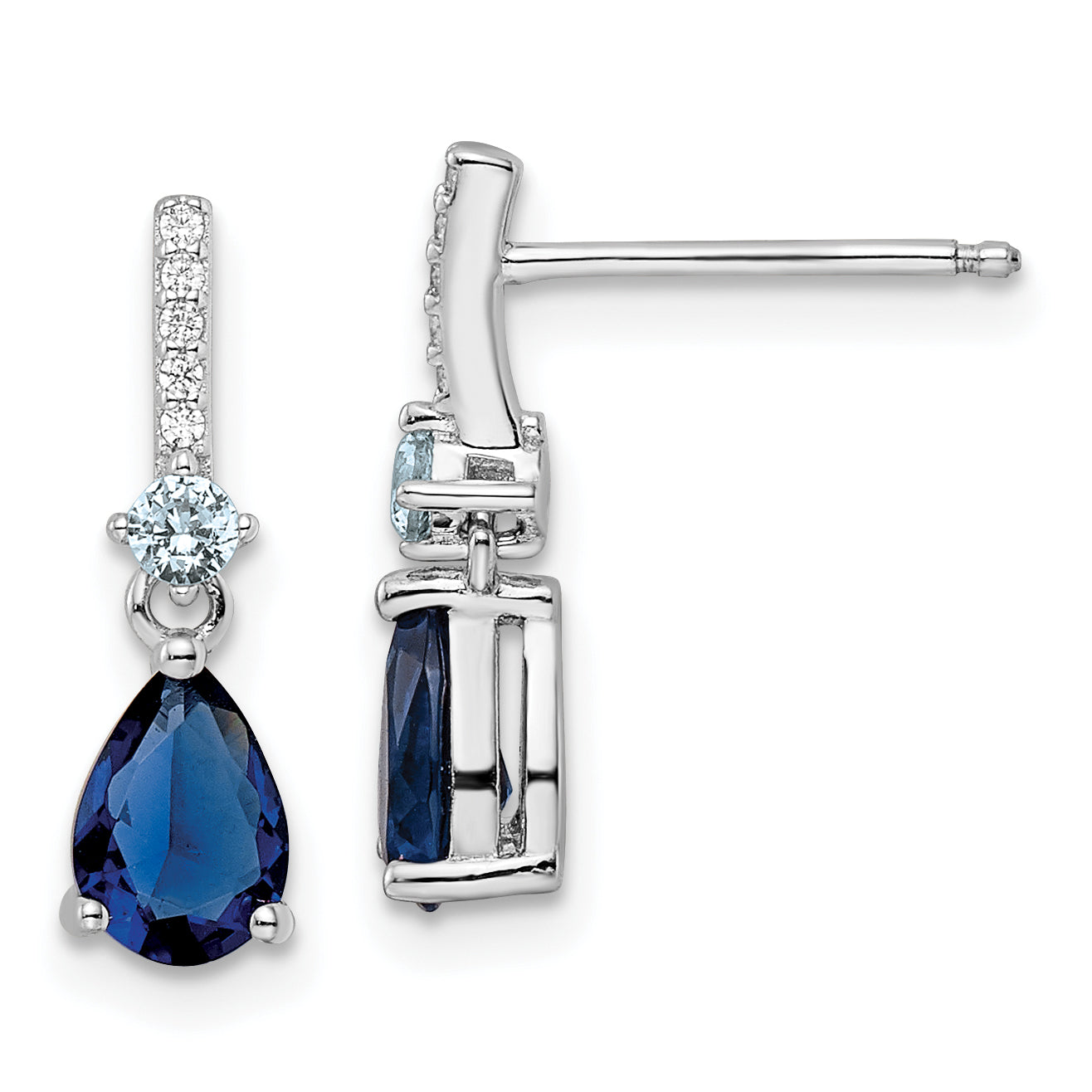 Sterling Silver Rhodium-Plated Cz And Blue Glass Post Dangle Earrings