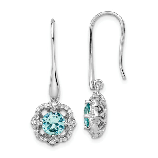 Sterling Silver Rhodium Plated Aqua & White Cz Dangle Earrings