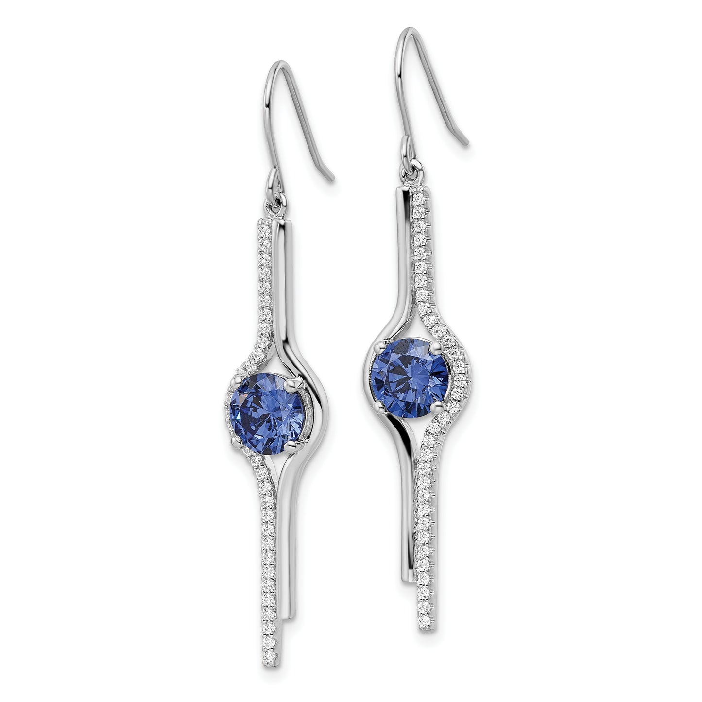 Sterling Silver Rhodium-Plated Blue And Clear Cz Dangle Earrings