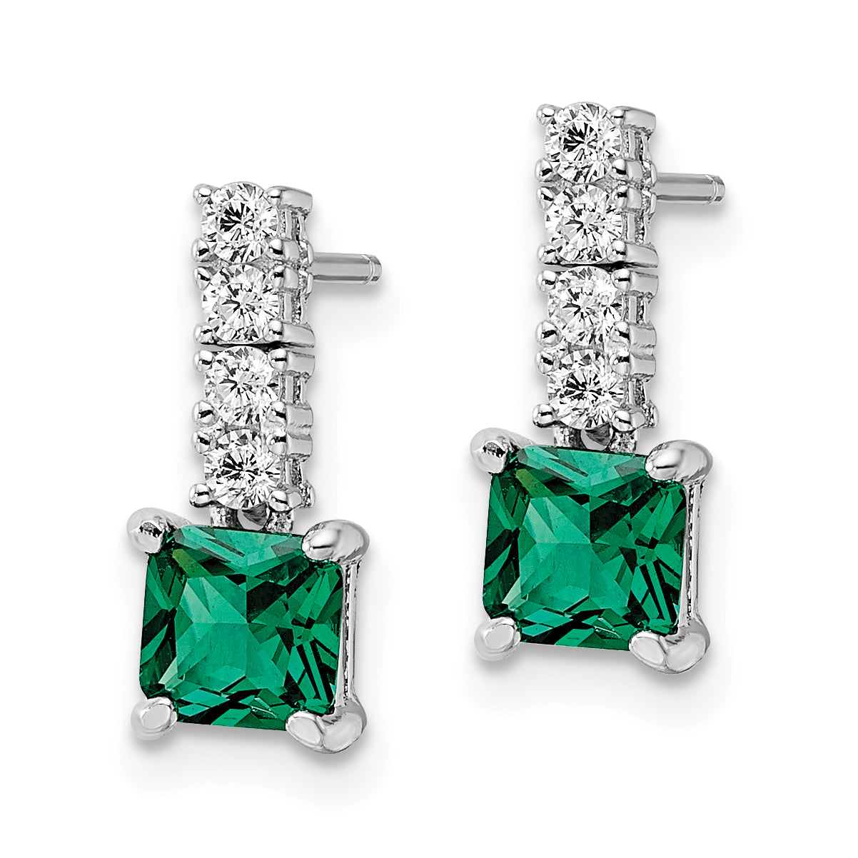 Sterling Silver Polished Rhodium-Plated Green/Clear Cz Post Dangle Earrings