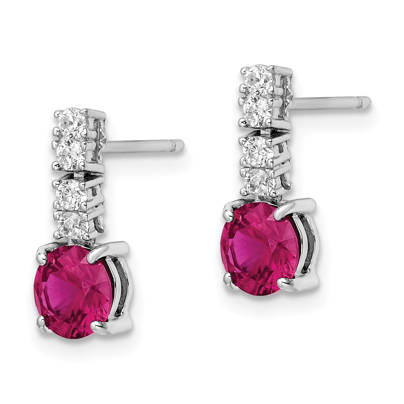 Sterling Silver Rhodium-Plated Created Ruby And Cz Post Dangle Earrings