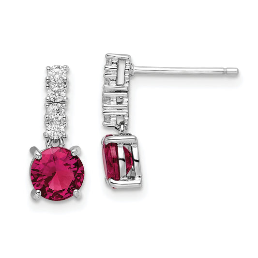 Sterling Silver Rhodium-Plated Created Ruby And Cz Post Dangle Earrings