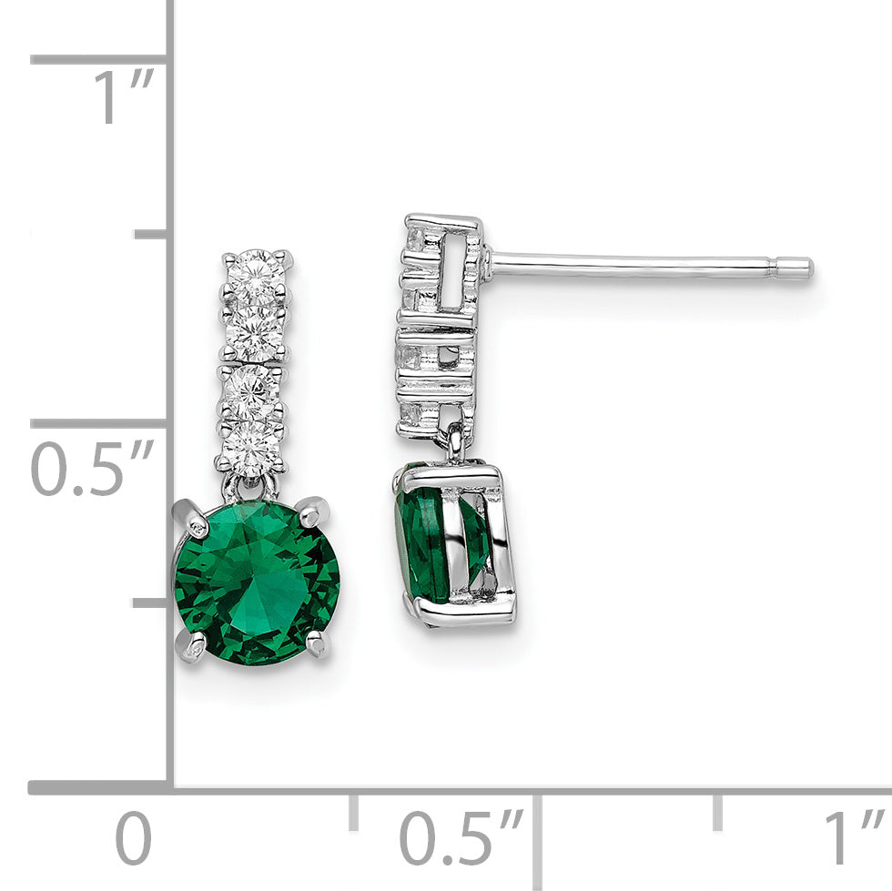 Sterling Silver Polished Rhodium-Plated Green/Clear Cz Post Dangle Earrings