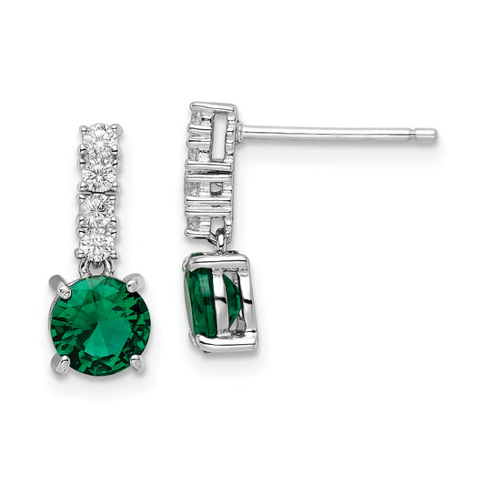 Sterling Silver Polished Rhodium-Plated Green/Clear Cz Post Dangle Earrings