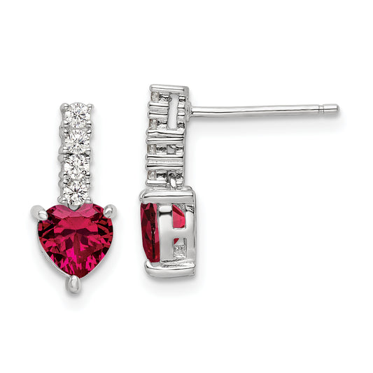 Sterling Silver Polish Rhod-Plated Created Ruby Heart Post Dangle Earrings