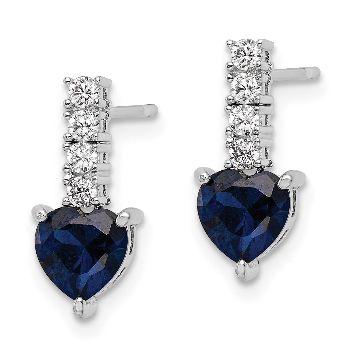 Sterling Silver Polished Rhodium Cr. Blue Spinel Cz Heart Post Earrings