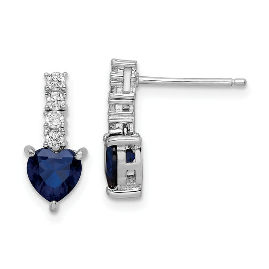 Sterling Silver Polished Rhodium Cr. Blue Spinel Cz Heart Post Earrings