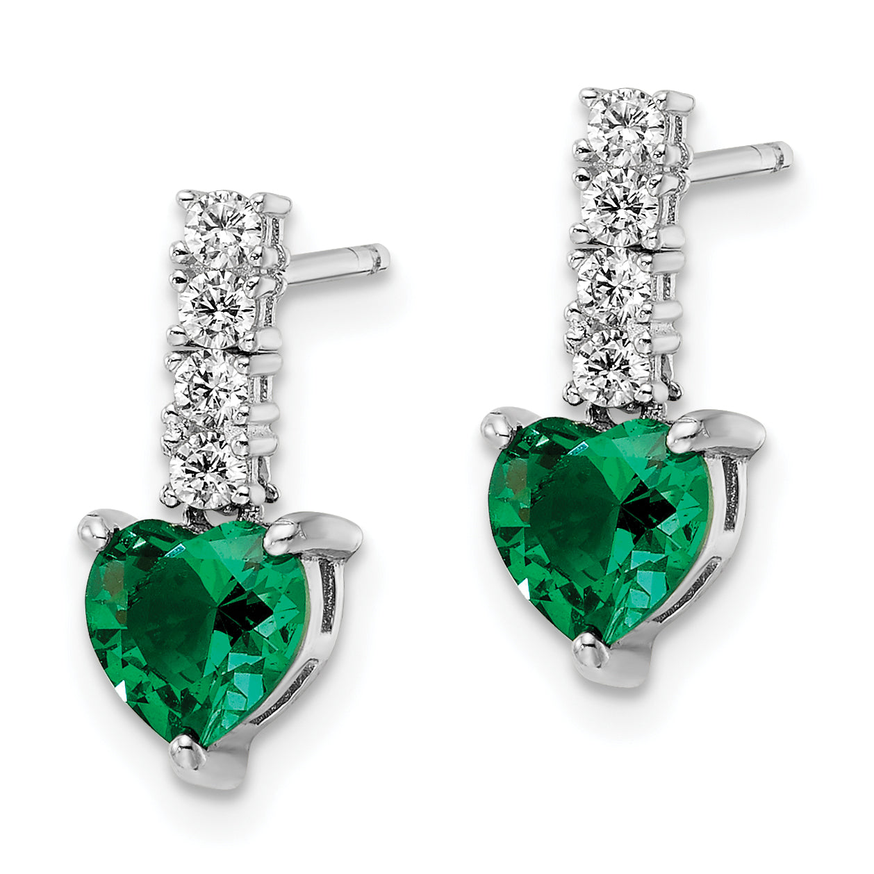 Sterling Silver Polished Rhodium Green/Clear Cz Heart Post Dangle Earrings