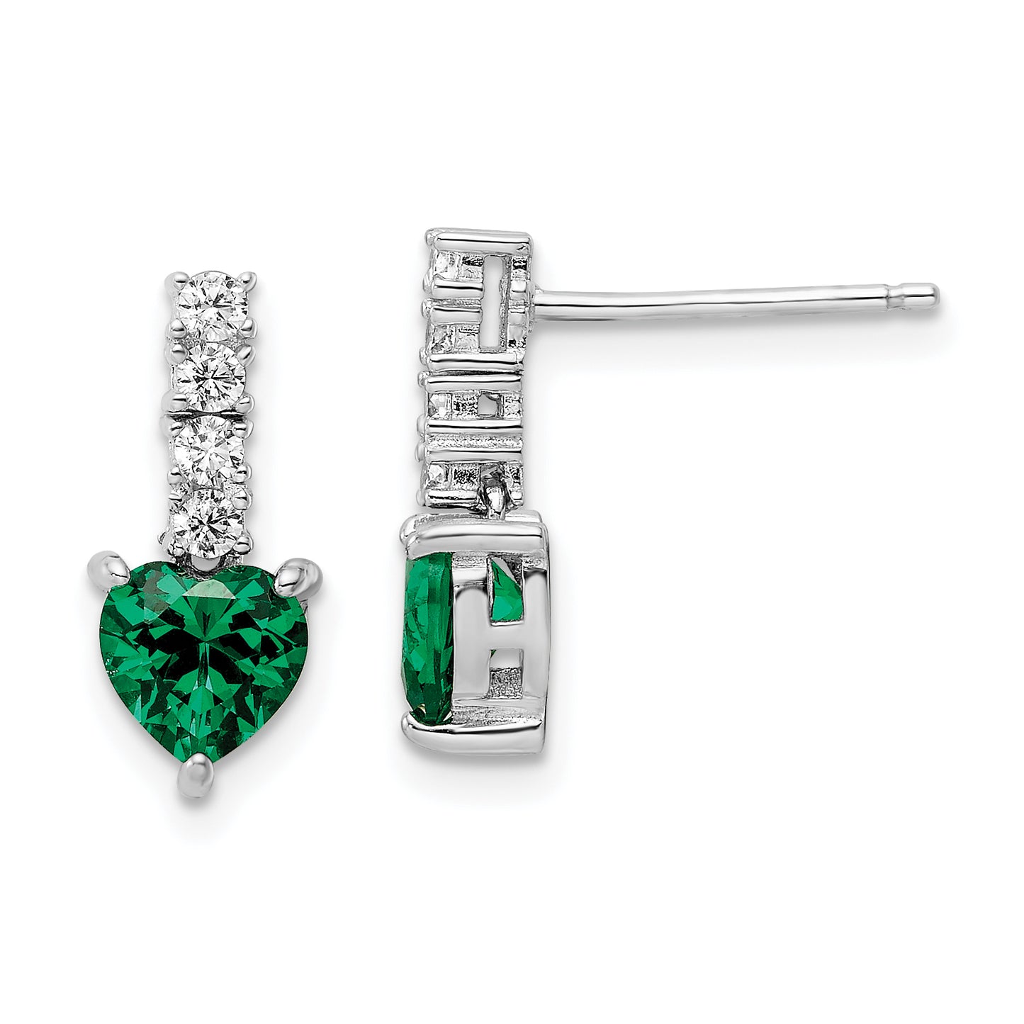 Sterling Silver Polished Rhodium Green/Clear Cz Heart Post Dangle Earrings