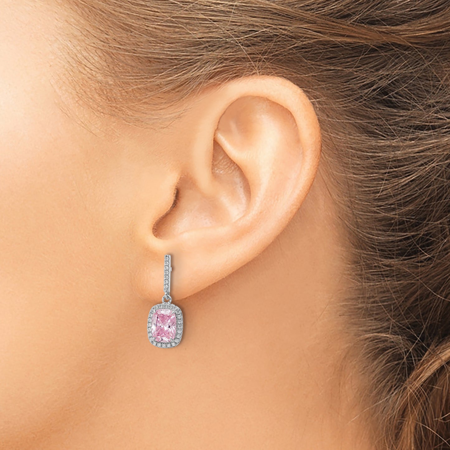 Sterling Silver Rhodium-Plated Pink & White Cz Dangle Post Earrings