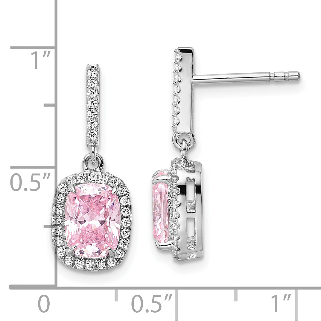 Sterling Silver Rhodium-Plated Pink & White Cz Dangle Post Earrings