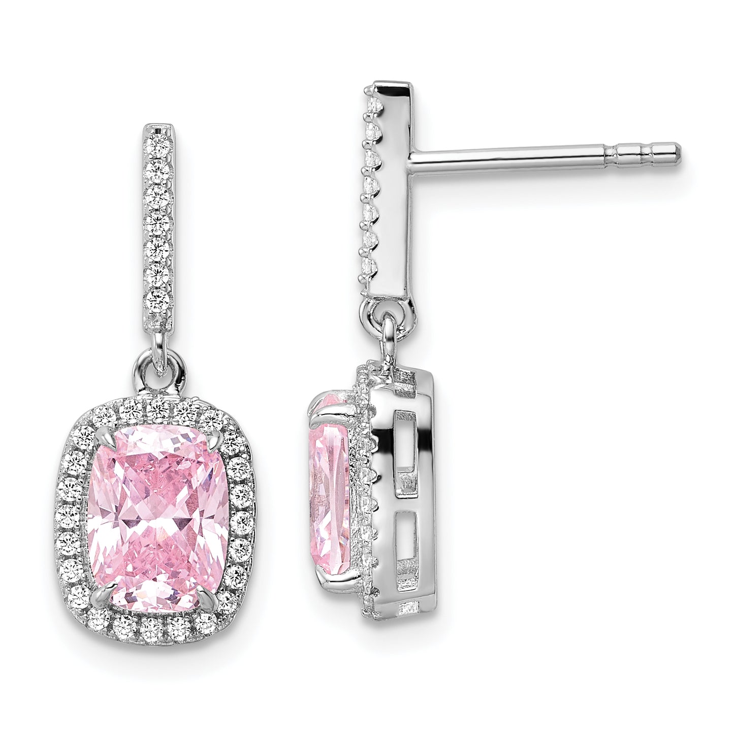 Sterling Silver Rhodium-Plated Pink & White Cz Dangle Post Earrings