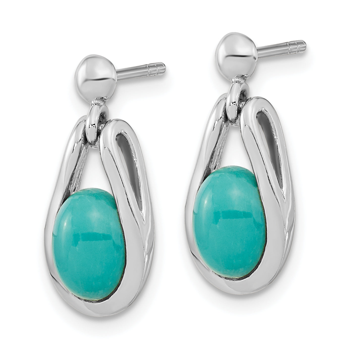 Sterling Silver Rh-Plated Oval Chinese Turquoise Dangle Post Earrings