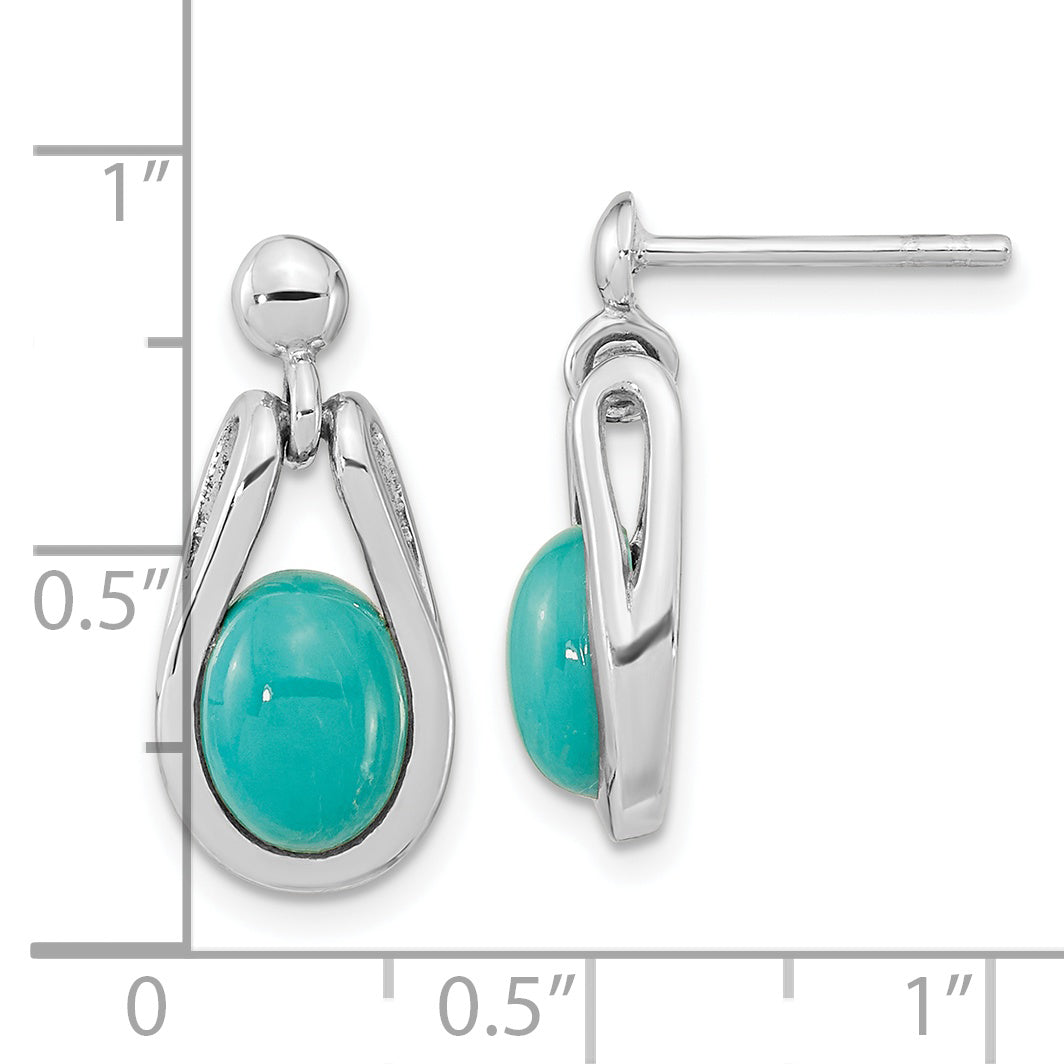 Sterling Silver Rh-Plated Oval Chinese Turquoise Dangle Post Earrings