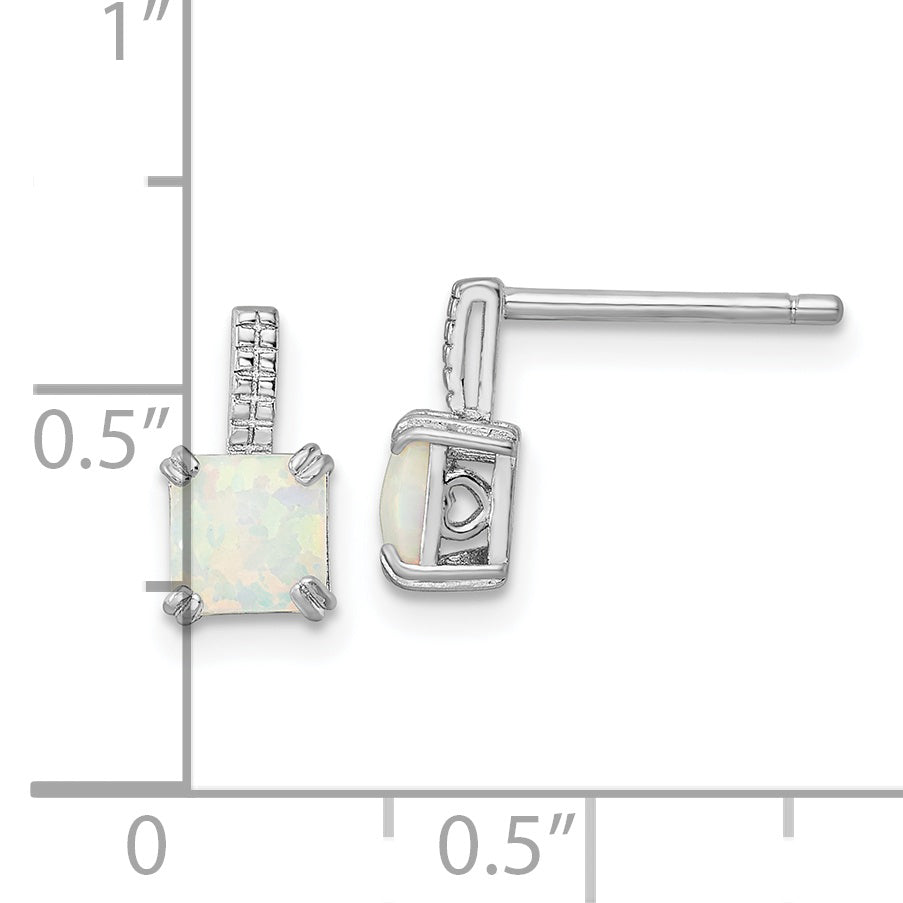 Sterling Silver Rhodium-Plated Square White Created Opal Post Earrings