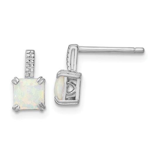 Sterling Silver Rhodium-Plated Square White Created Opal Post Earrings