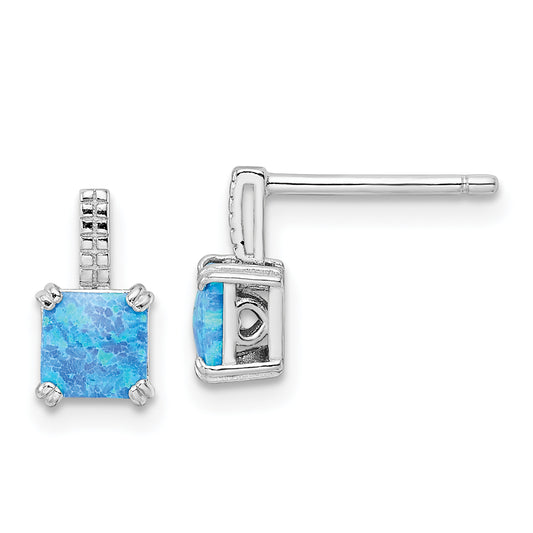 Sterling Silver Rhodium-Plated Square Blue Created Opal Post Earrings