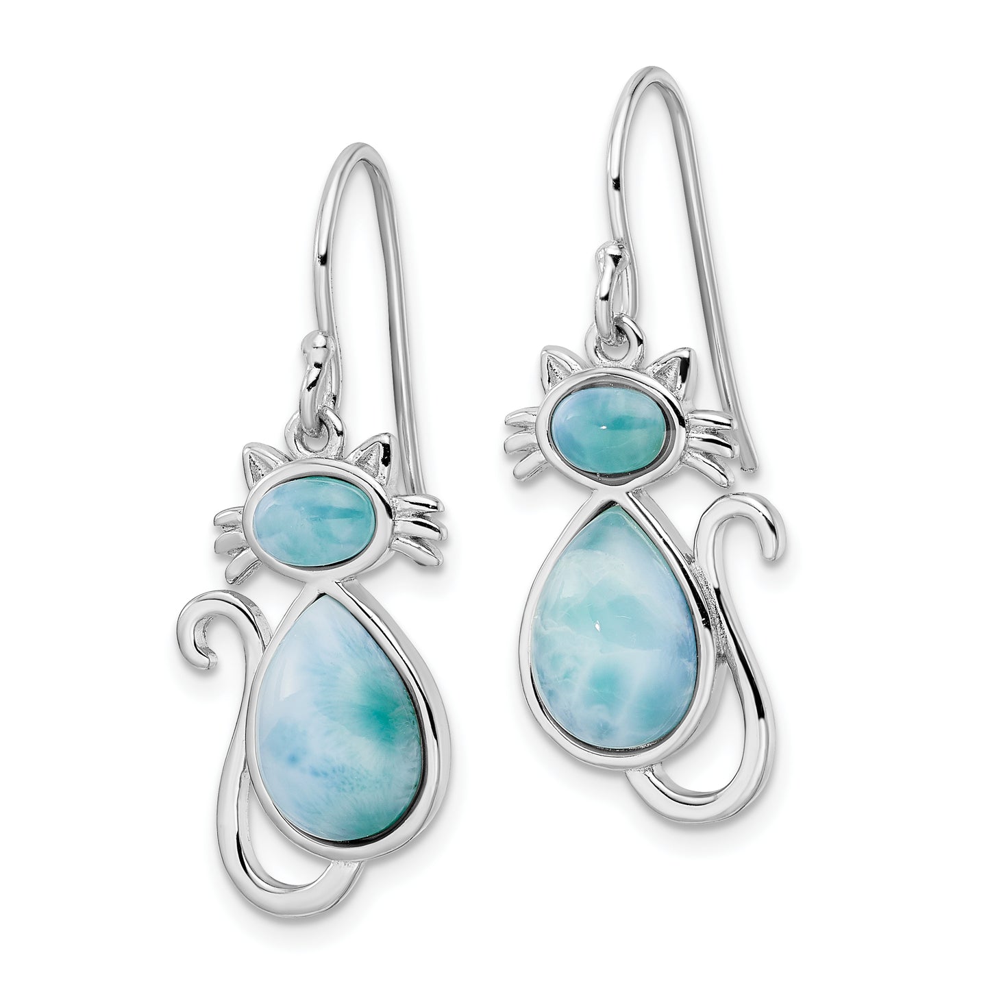 Sterling Silver Rhodium-Plated Polished Larimar Cat Dangle Earrings