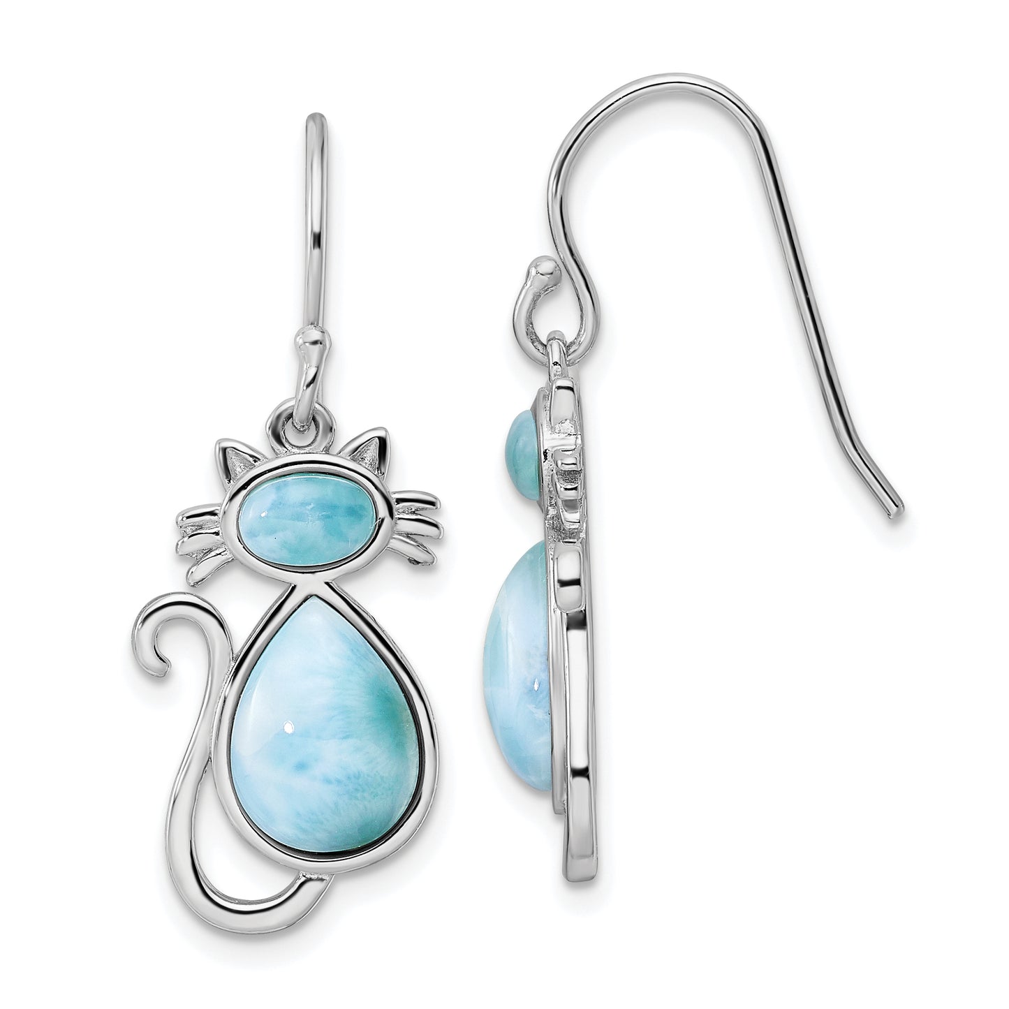 Sterling Silver Rhodium-Plated Polished Larimar Cat Dangle Earrings