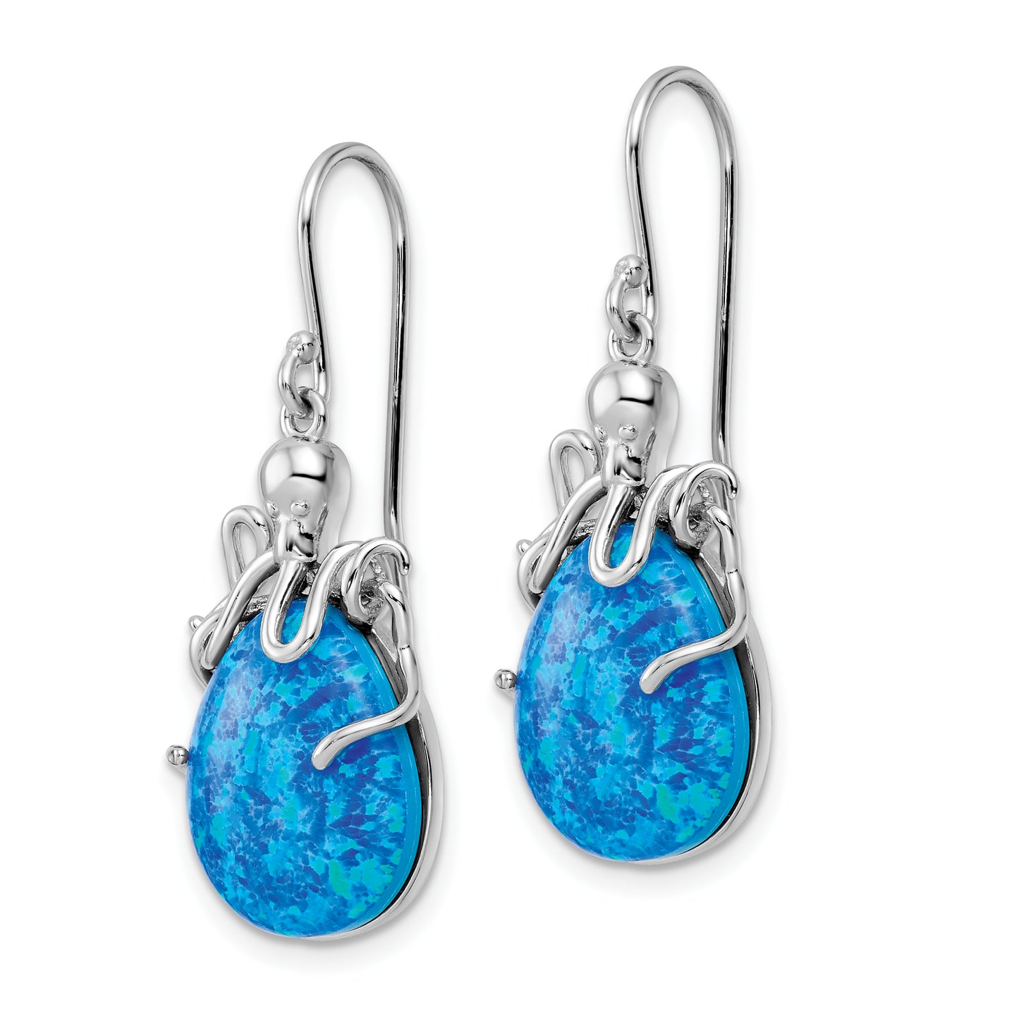 Sterling Silver Rhodium-Plated Blue Lab Created Opal Octopus Dangle Earrings