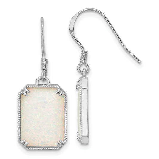 Sterling Silver Rh-Plated White Created Opal Beaded Border Earrings