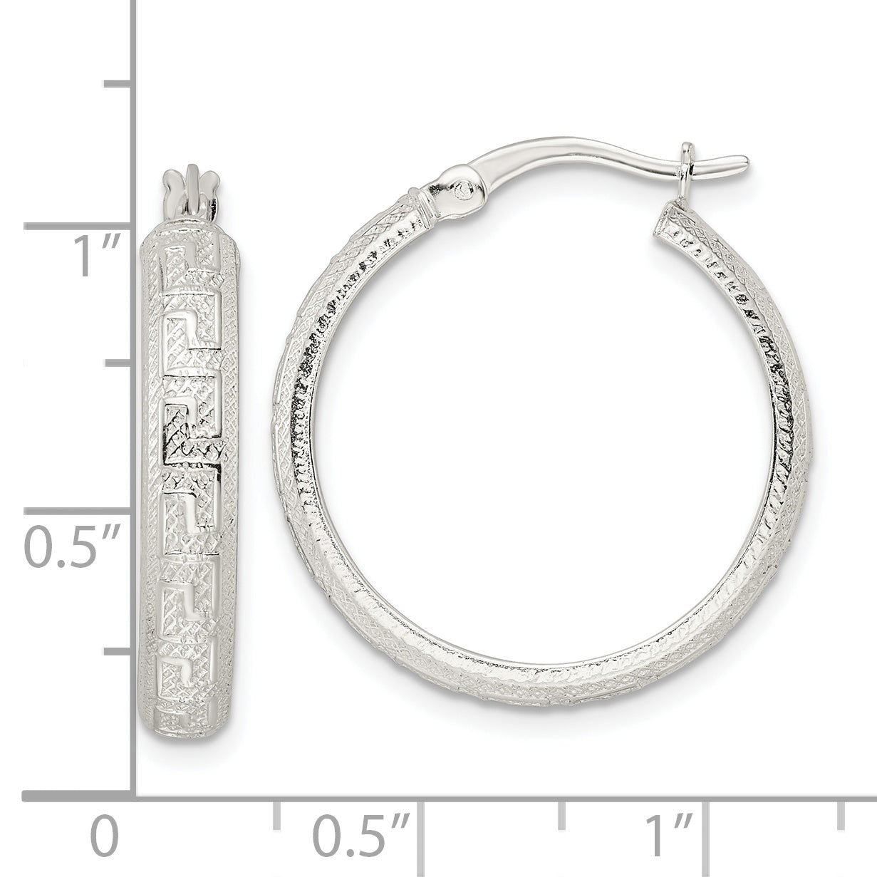 Sterling Silver Textured Greek Key 4X24mm Tube Hoop Earrings