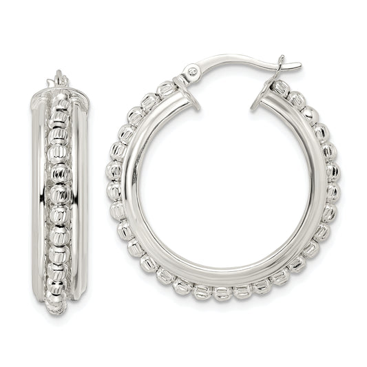 Sterling Silver Polished And Diamond-Cut Beaded Hoop Earrings