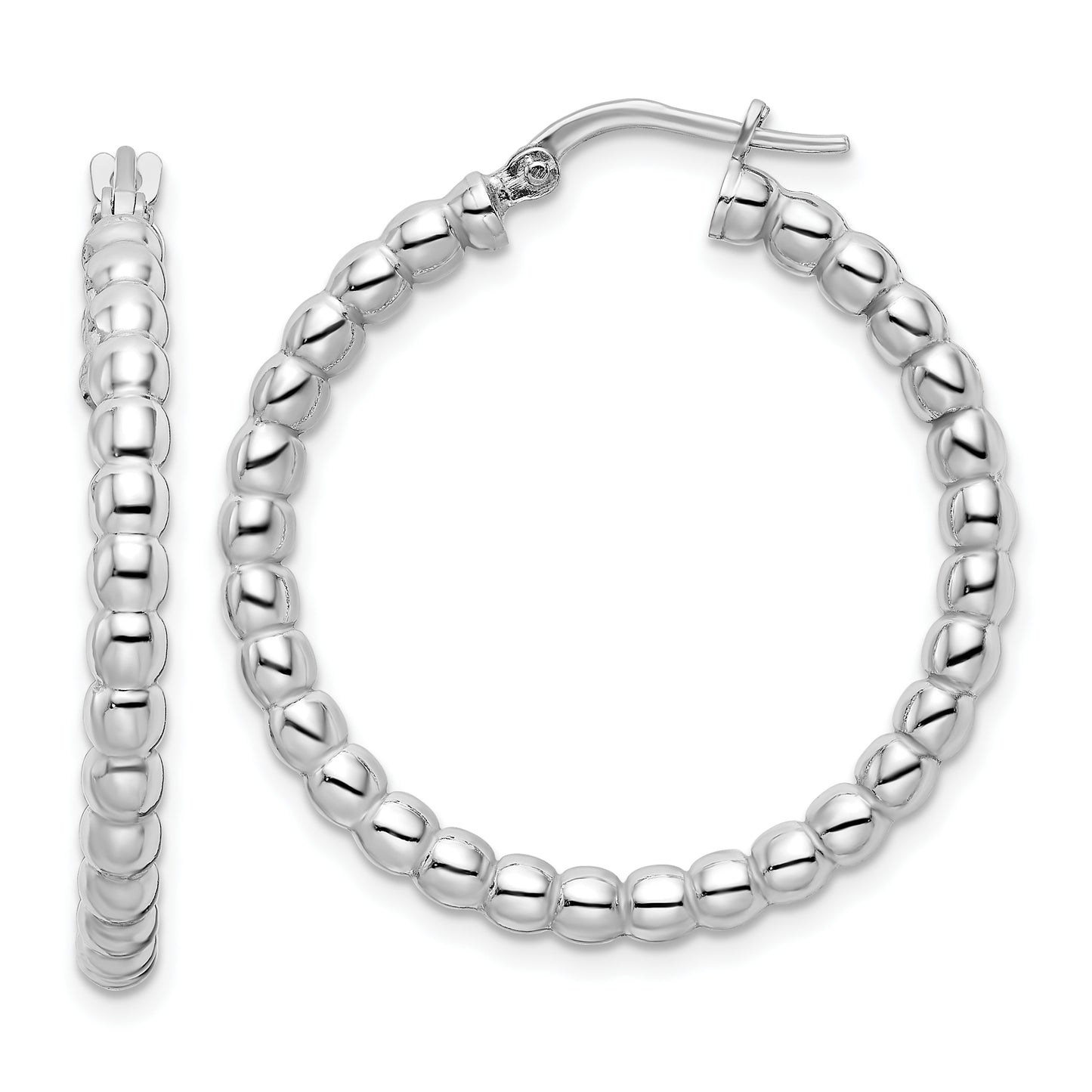 Sterling Silver Rhodium-Plated Polished 3mm Beaded Hoop Earrings