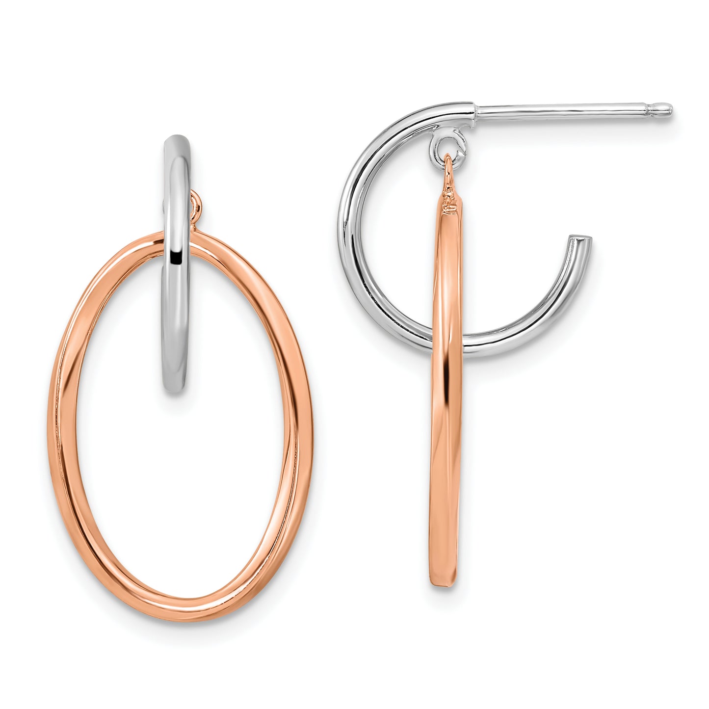 Sterling Silver Rhodium-Plated Rose Gold-Plated Oval Dangle Hoop Earrings