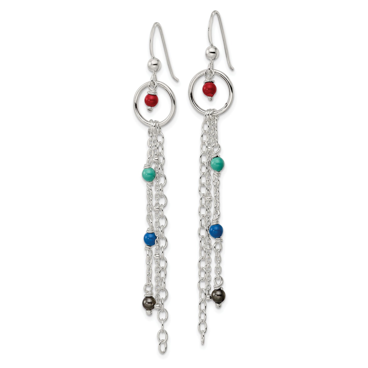 Sterling Silver Polished Multicolor Glass Beads & Chain Dangle Earrings